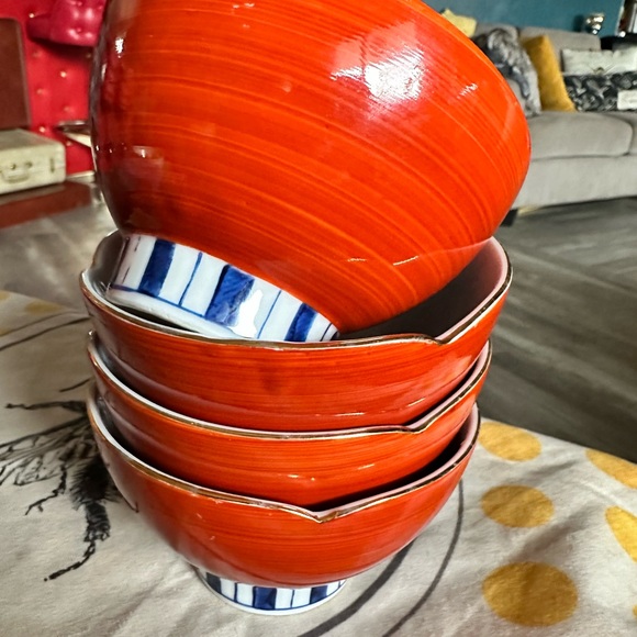 Vintage MCM  Lotus Rice Bowls Japanese Set Of 4 Gold Rims Blue Stripes - Picture 2 of 4